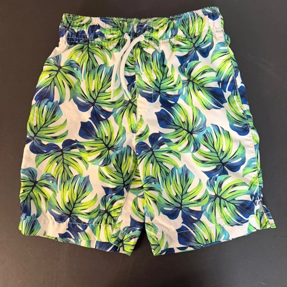 Childrens Place Sport Swim Trunks Kids Medium 7/8 Blue Green Good Tropical 2pk